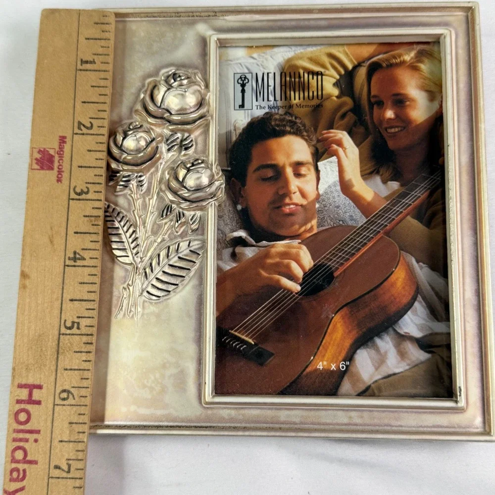 Melannco Silver Rose Picture Frame 4x6 Floral 3D Relief Vintage Tabletop Decor